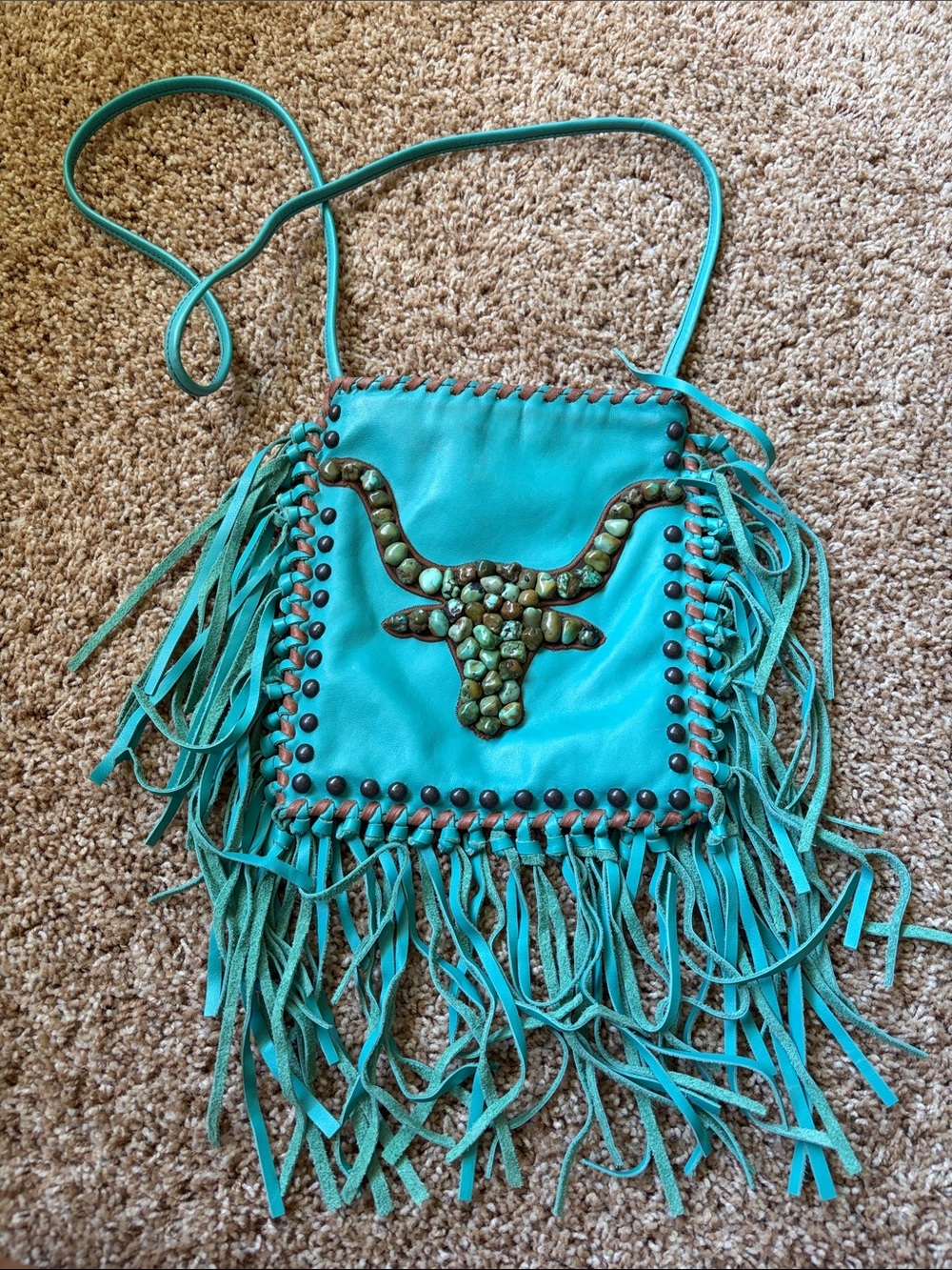 Turquoise Fringe Crossbody Bag with Studded Longhorn Accent